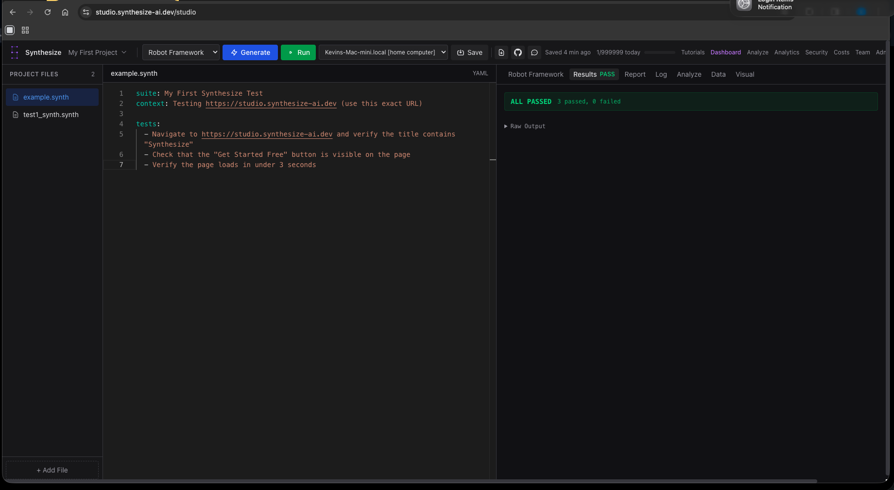 Synthesize Studio — editor with .synth file, satellite execution, and passing test results